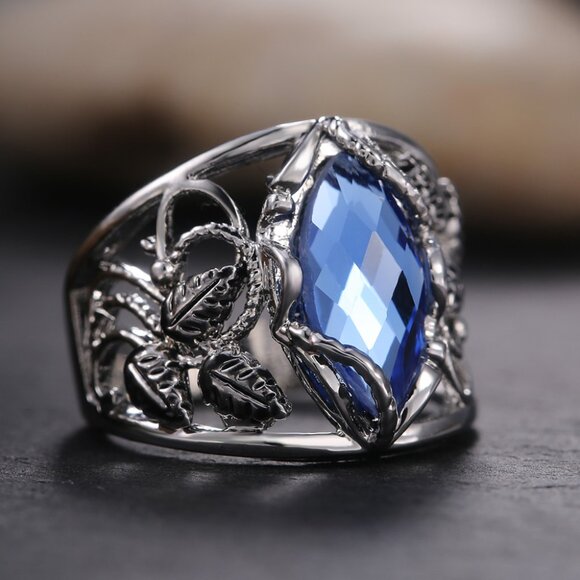 Double Layer Blue Marquis Carved Zircon Vintage Rings for Women, PD011 - Picture 4 of 9